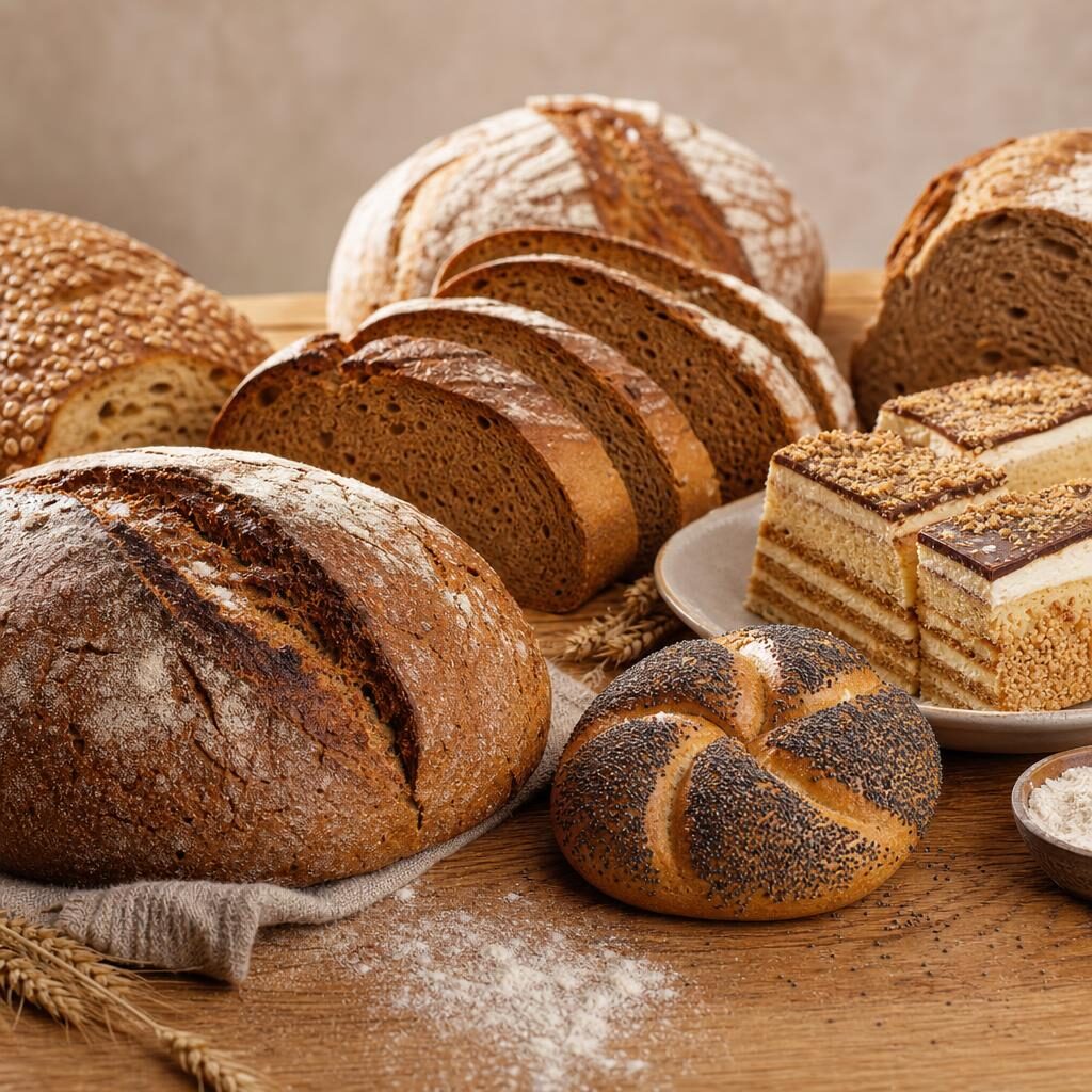 Fresh European breads and layered cream cake on a wooden table