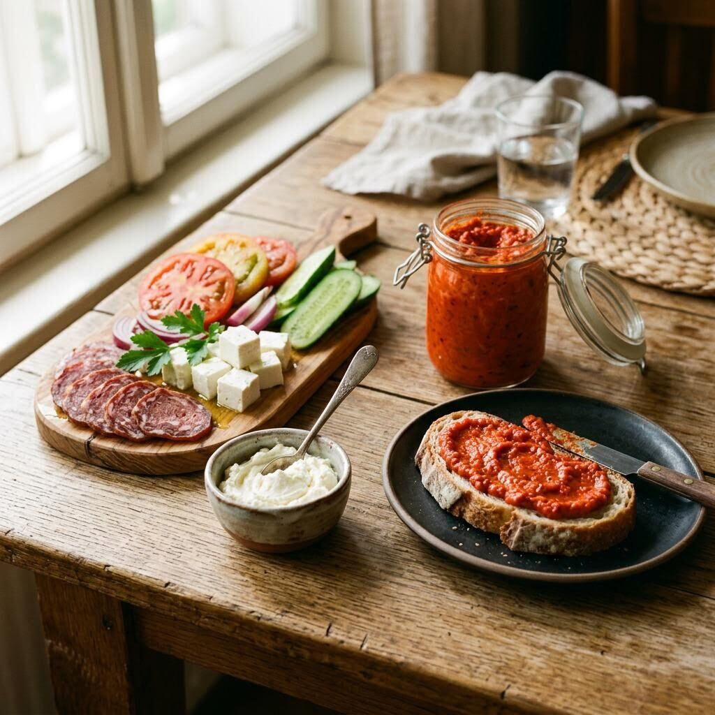 Balkan meal with ajvar on warm bread, kajmak, cured sausage, and brined cheese