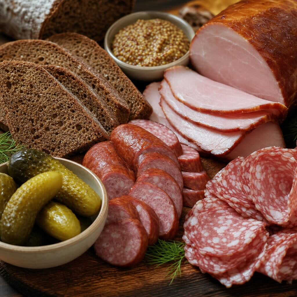 European deli meats with sliced kielbasa, salami, rye bread, mustard, and dill pickles