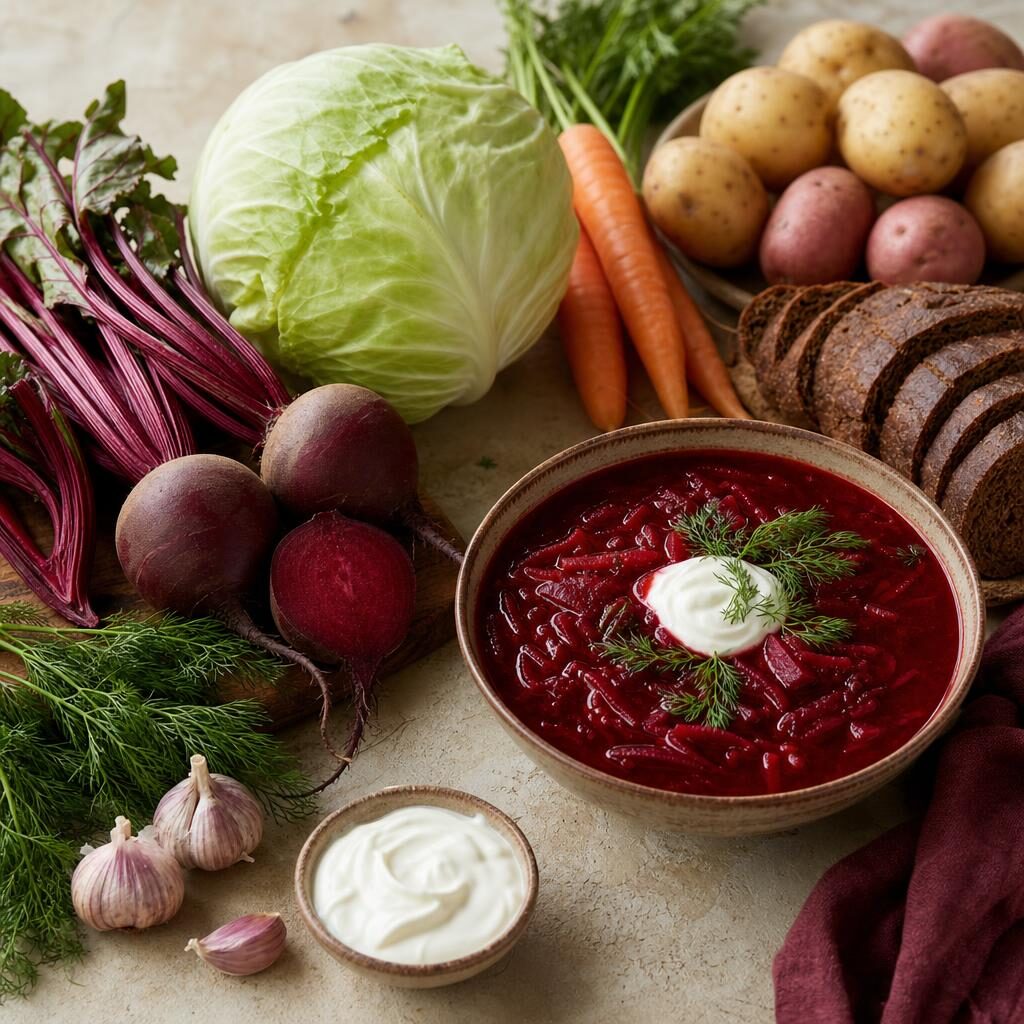 Borscht with beets, cabbage, carrots, dill, sour cream, garlic, potatoes, and rye bread