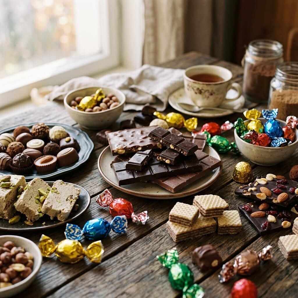 Assortment of European chocolates, wrapped candies, halva, wafers, and pralines