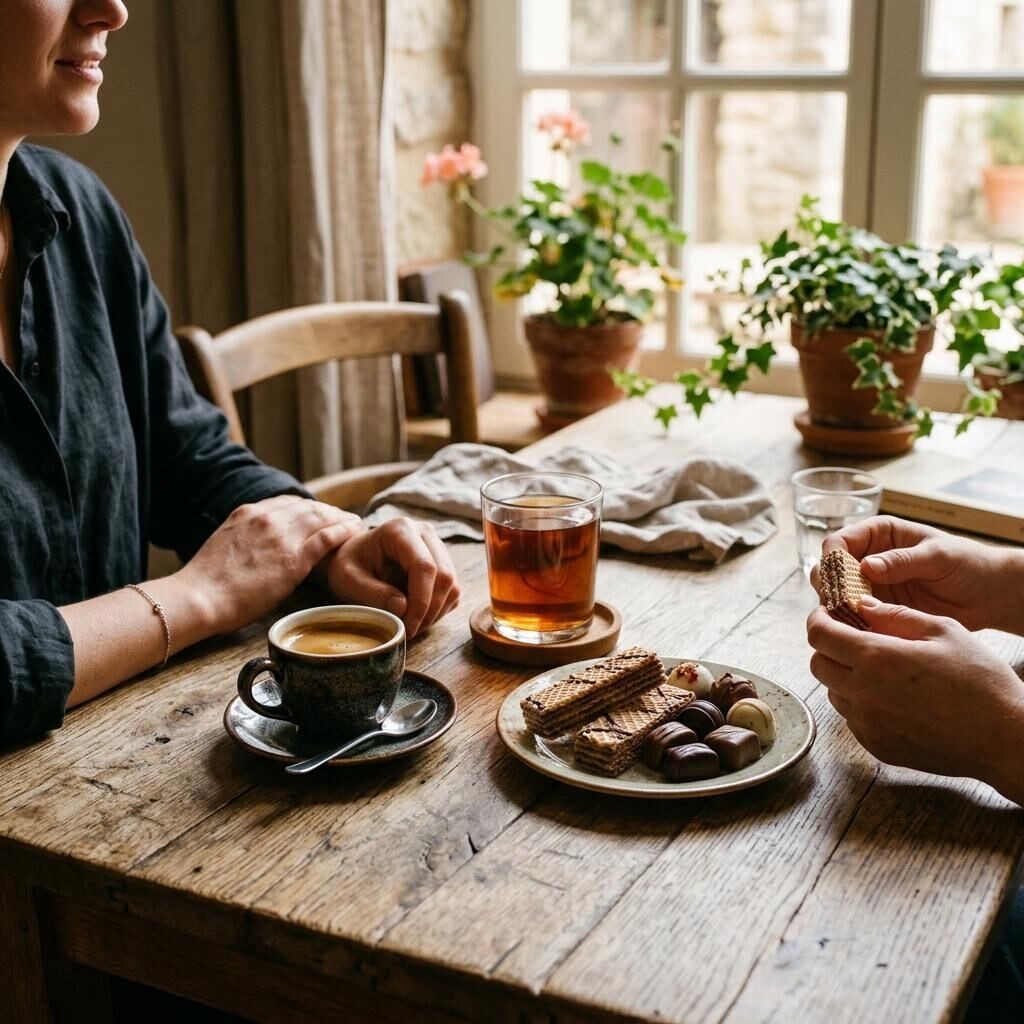 European coffee break with strong coffee, black tea, wafers, and chocolates