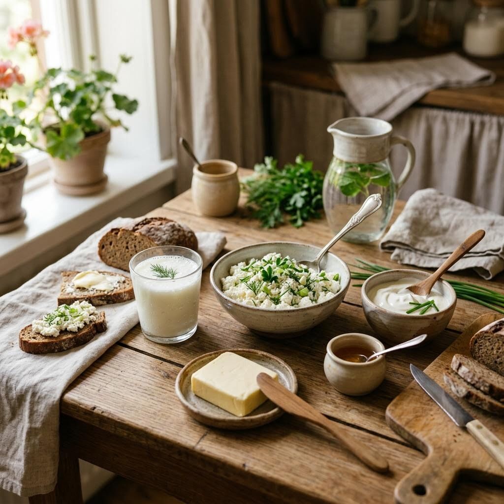 European dairy spread with kefir, tvorog farmer's cheese, smetana, and butter on a wooden table