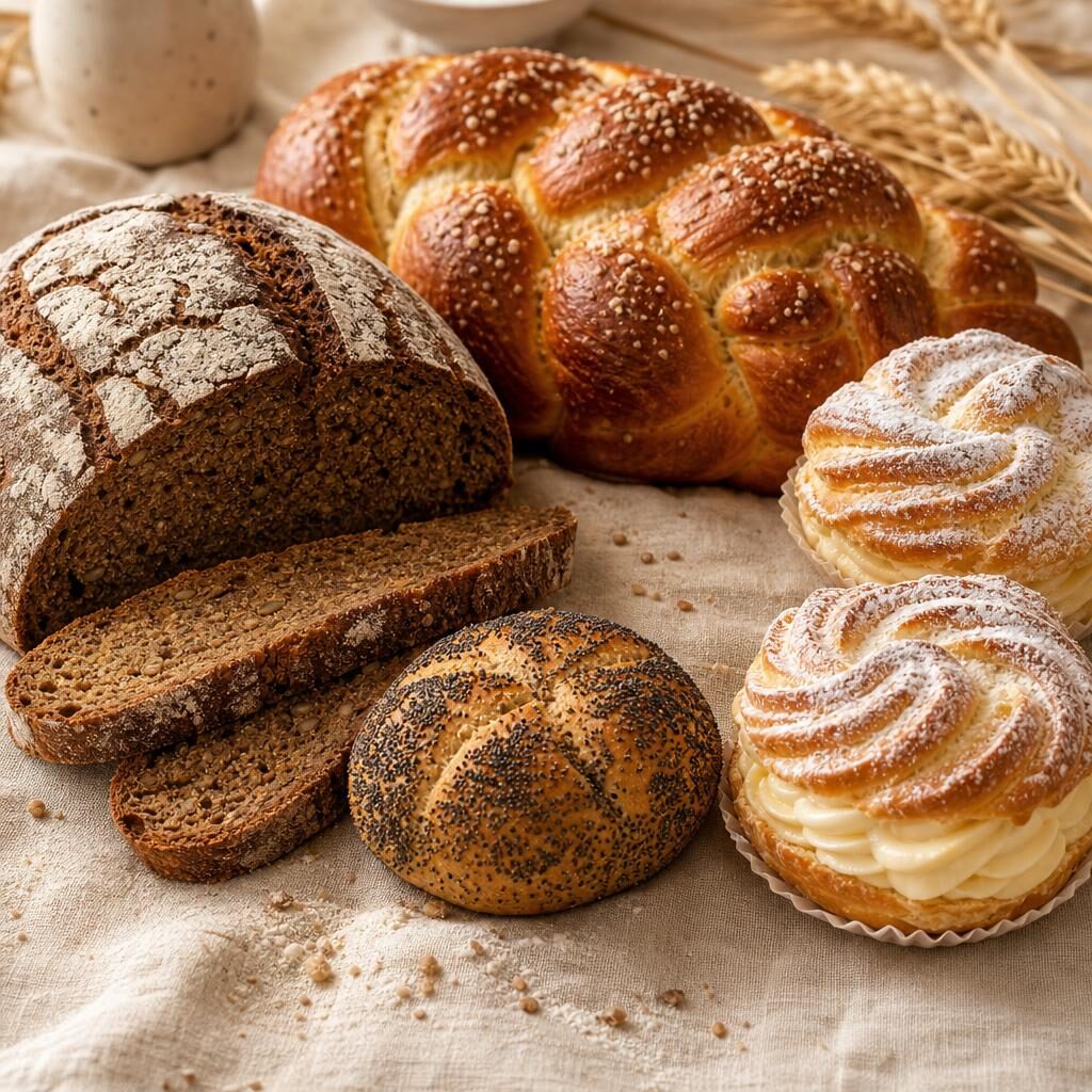 European bakery spread with dark rye bread, braided bread, poppy seed roll, and cream pastries
