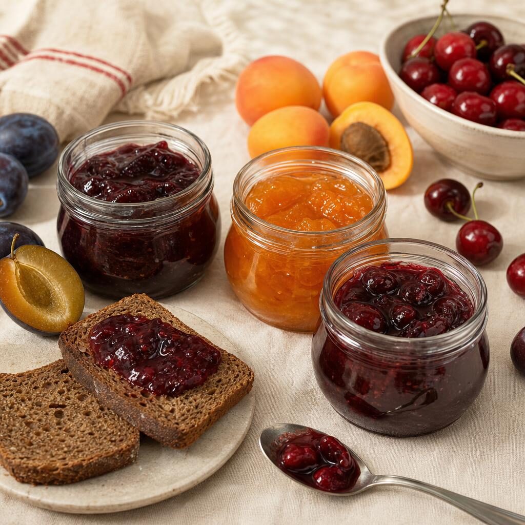 Unlabeled jars of plum, apricot, and cherry fruit preserves beside rye toast