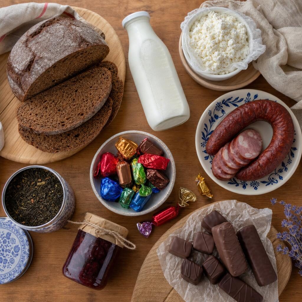 Flat-lay of European foods including rye bread, kefir, cheese, chocolates, and smoked sausage