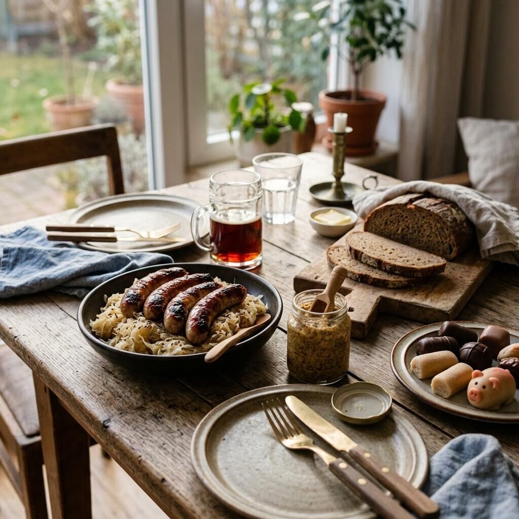 German dinner spread with bratwurst, sauerkraut, mustard, and rye bread