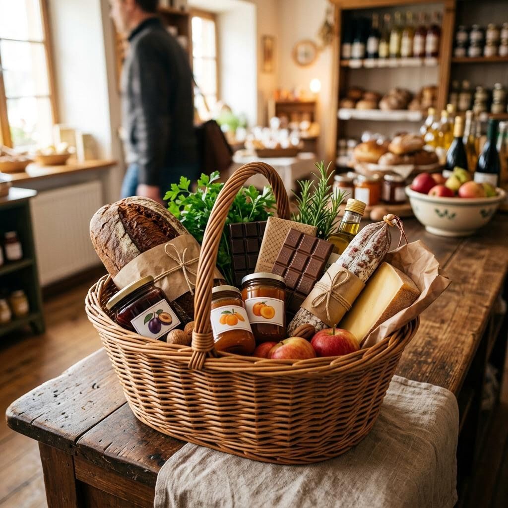 Shopping basket filled with European groceries including preserves, chocolate, rye bread, and sausage