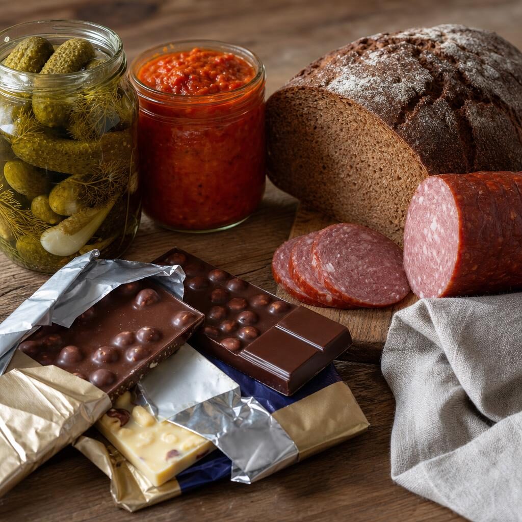 European grocery haul on a wooden table with pickles, chocolate, rye bread, and kielbasa