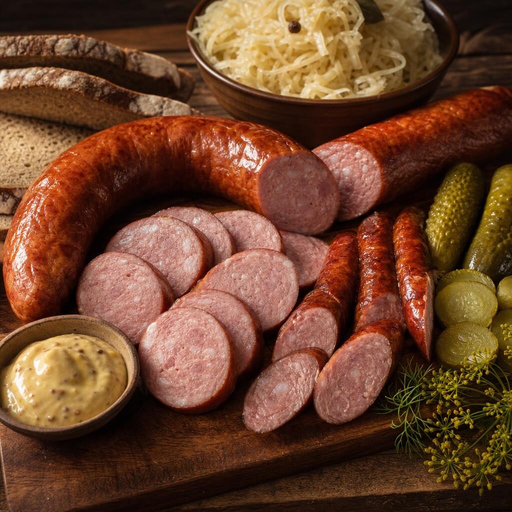 Polish kielbasa and smoked sausages with rye bread, mustard, sauerkraut, and pickles