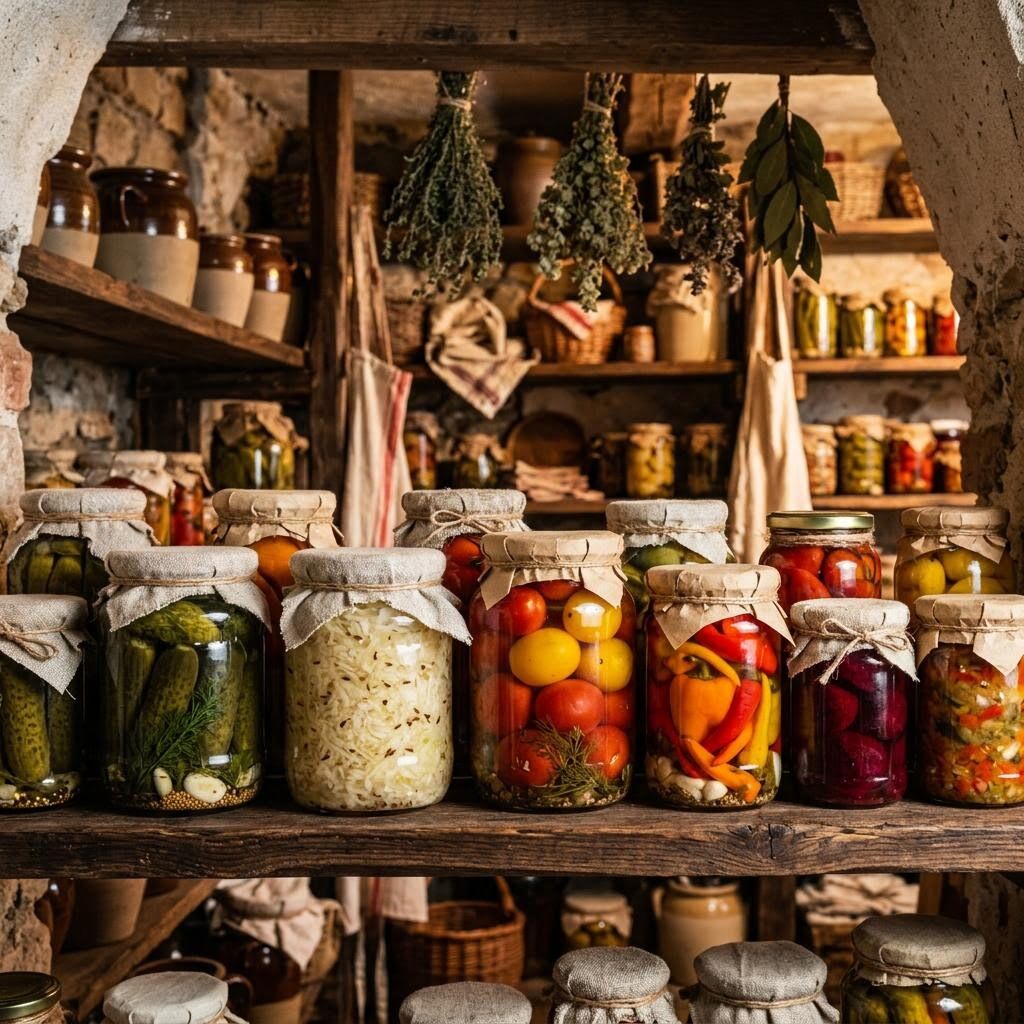 Jars of European pickled vegetables including dill cucumbers, sauerkraut, and pickled tomatoes on wooden shelves
