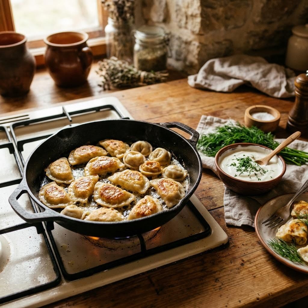 Golden pan-fried pierogi in a skillet with sour cream and fresh dill