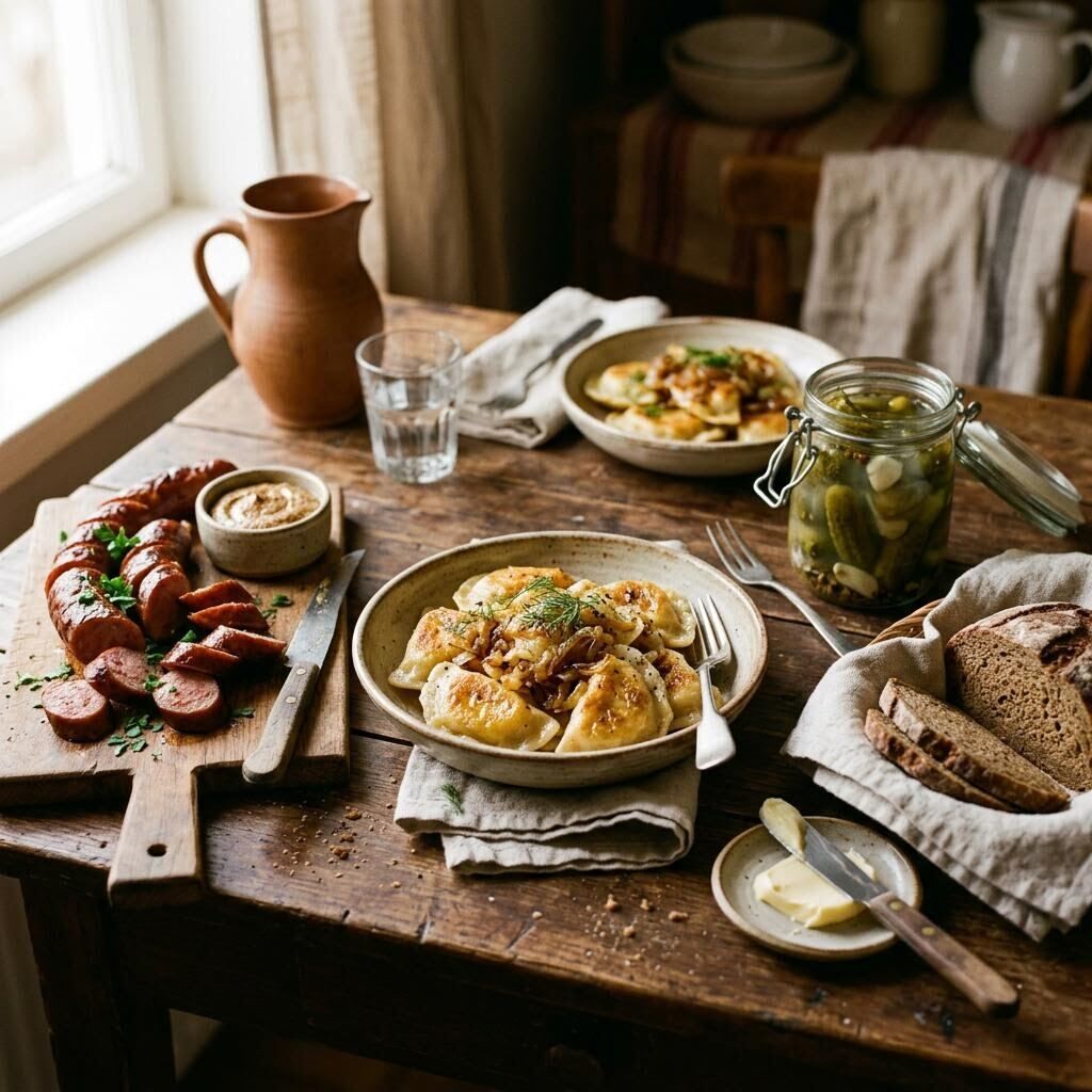 Polish spread with pan-fried pierogi, kielbasa, brined pickles, and rye bread
