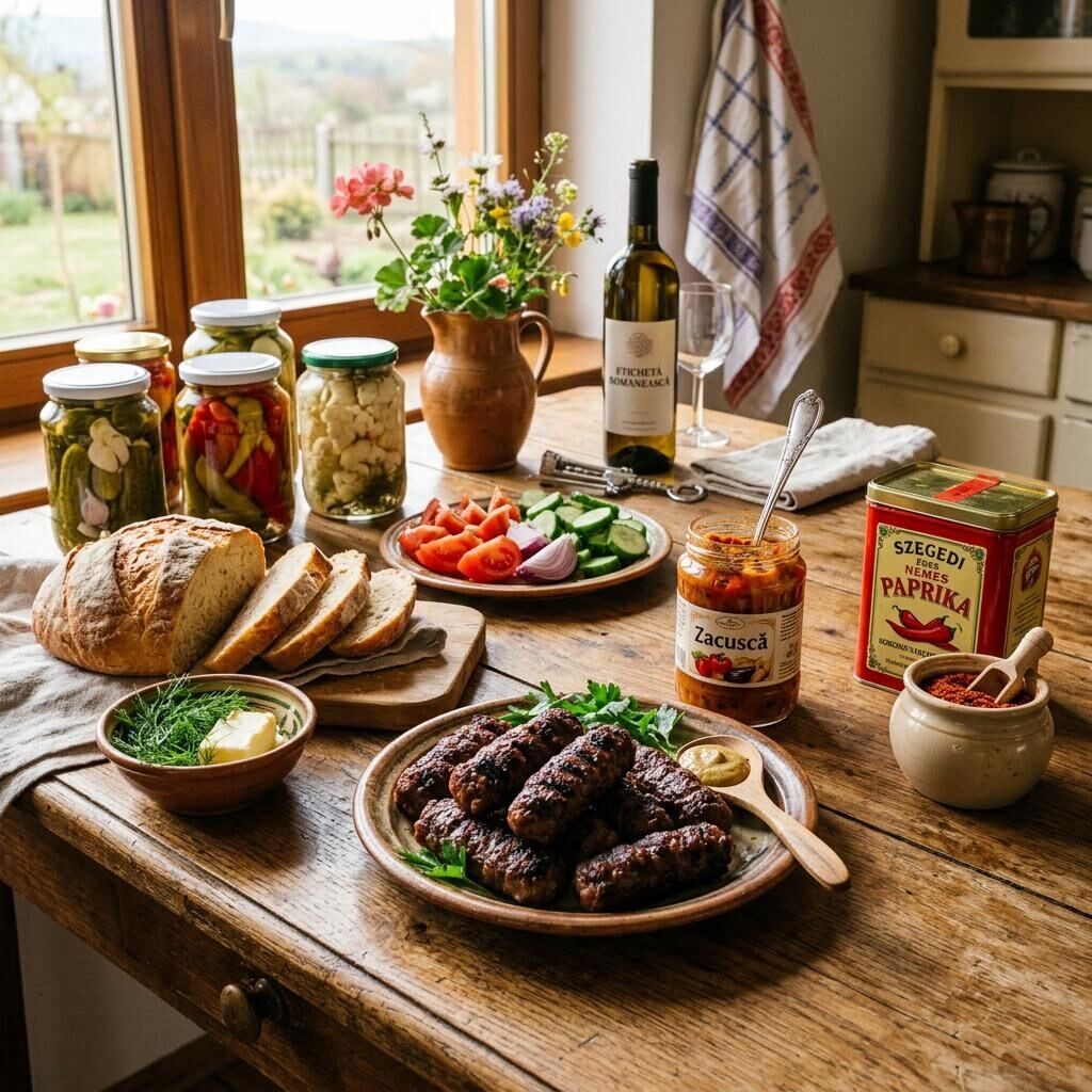 Romanian and Hungarian grocery spread with zacusca, mici sausages, paprika, and pickled vegetables