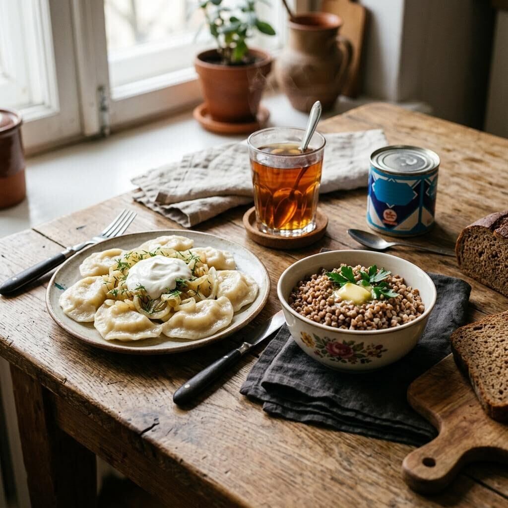 Ukrainian and Russian table with varenyky, buckwheat kasha, rye bread, and tea