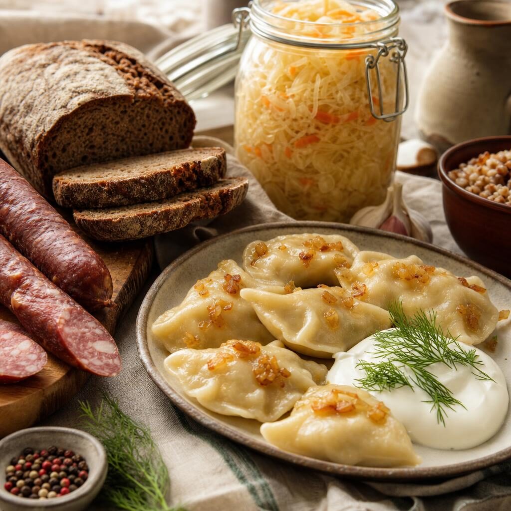 Polish and European pantry staples with pierogi, sauerkraut, rye bread, and sausage